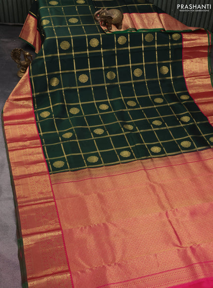 Pure kanchipuram silk saree dark green and pink with allover zari checks & buttas and zari woven korvai border