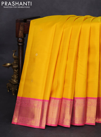 Pure kanchipuram silk saree yellow and pink with zari woven buttas and zari woven korvai border