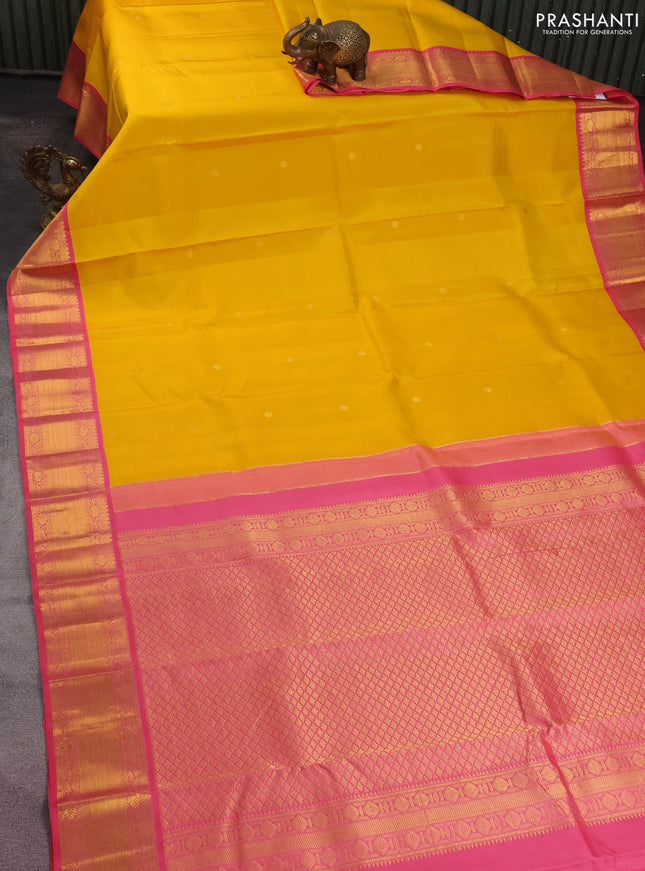 Pure kanchipuram silk saree yellow and pink with zari woven buttas and zari woven korvai border