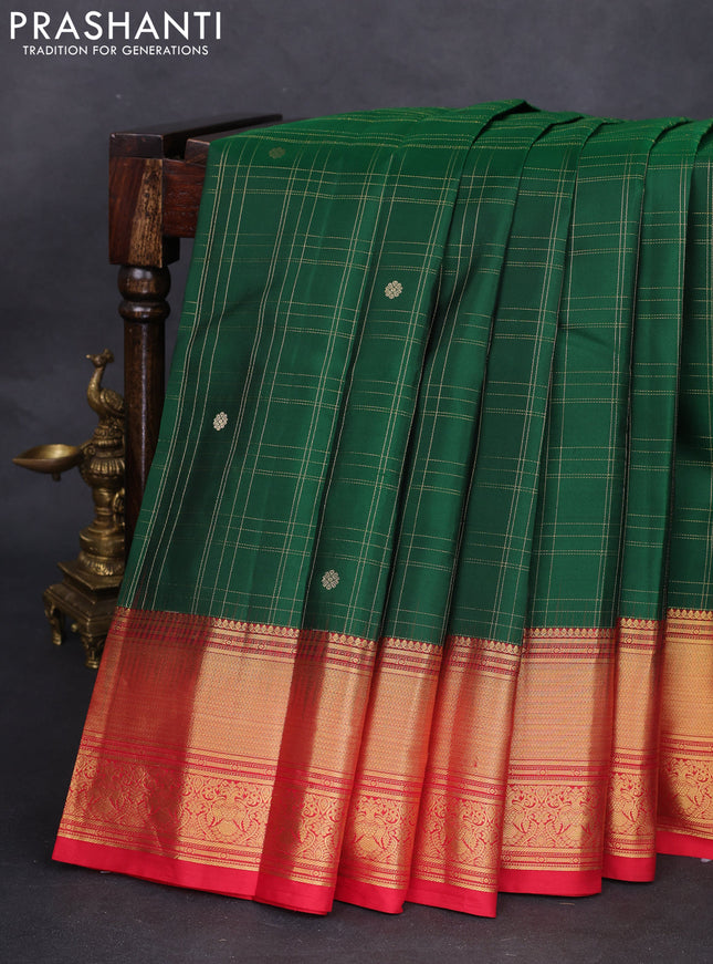 Pure kanchipuram silk saree green and red with allover zari checked pattern and zari woven border