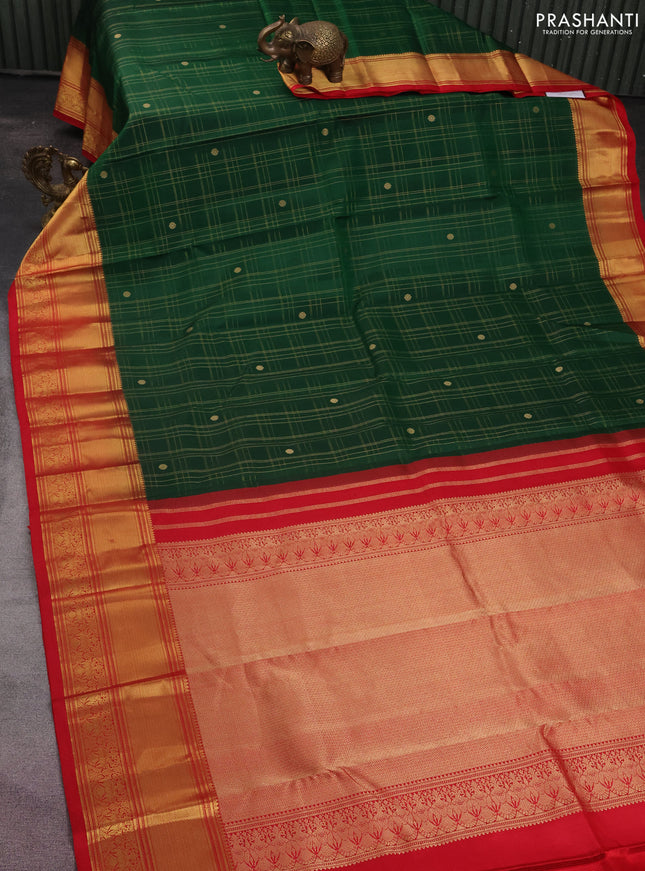 Pure kanchipuram silk saree green and red with allover zari checked pattern and zari woven border
