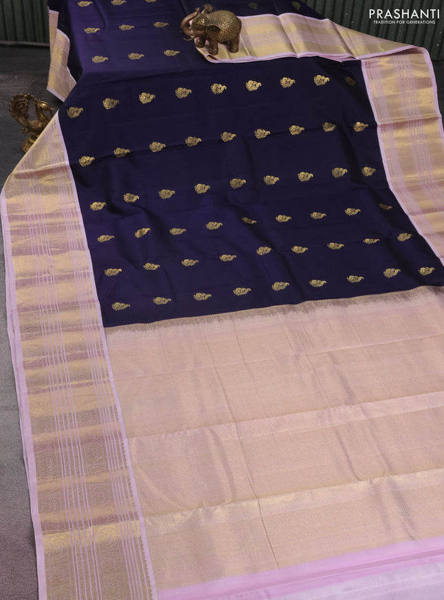 Pure kanchipuram silk saree navy blue and pastel pink with zari woven buttas and zari woven korvai border