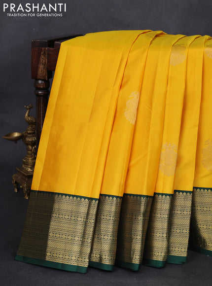 Pure kanchipuram silk saree mango yellow and green with zari woven buttas and zari woven korvai border
