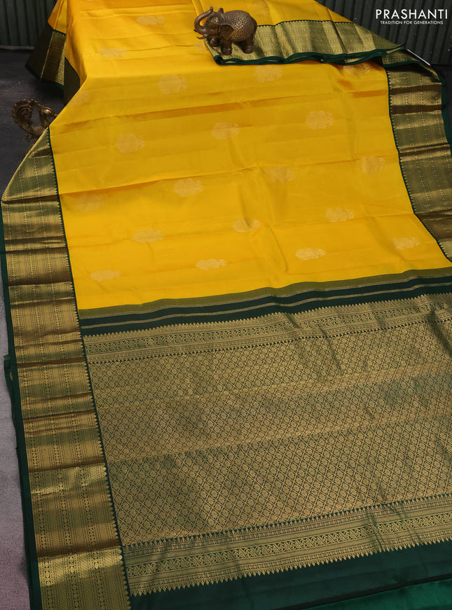 Pure kanchipuram silk saree mango yellow and green with zari woven buttas and zari woven korvai border