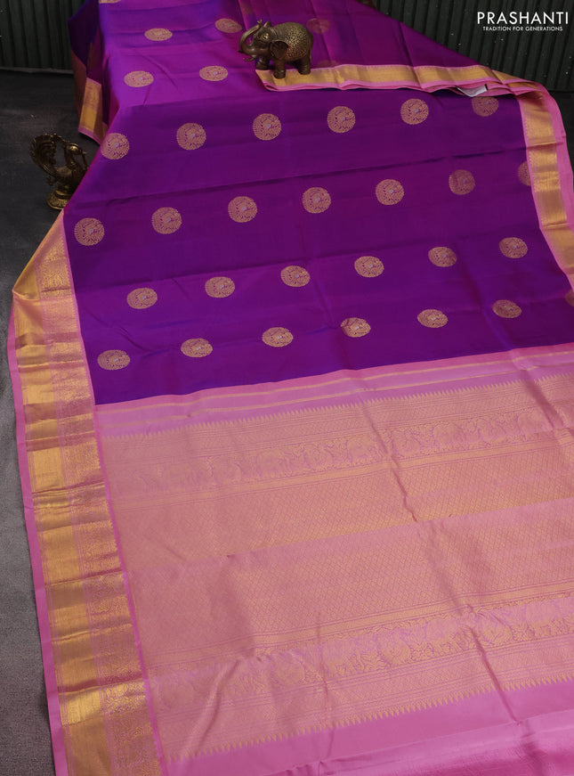 Pure kanchipuram silk saree purple and light pink with annam zari woven buttas and zari woven korvai border