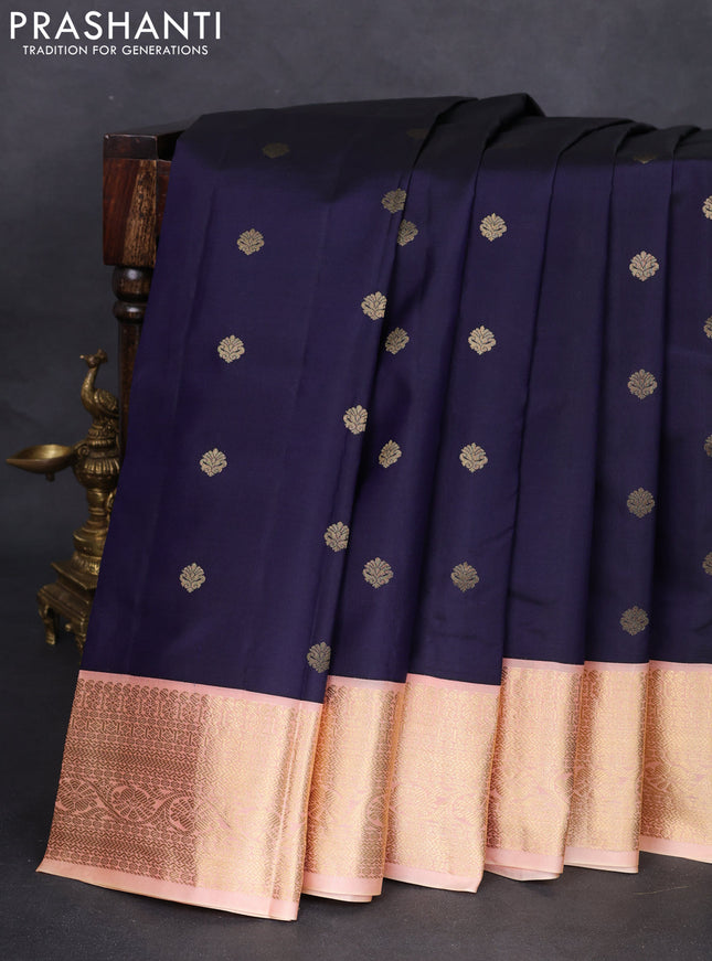 Pure kanchipuram silk saree navy blue and peach shade with zari woven buttas and zari woven korvai border