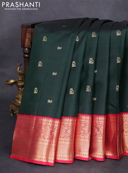 Pure kanchipuram silk saree bottle green and reddish pink with zari woven buttas and zari woven korvai border