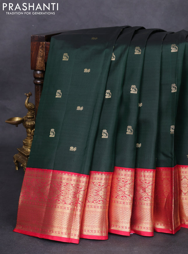 Pure kanchipuram silk saree bottle green and reddish pink with zari woven buttas and zari woven korvai border