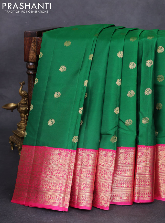 Pure kanchipuram silk saree green and pink with zari woven buttas and zari woven korvai border