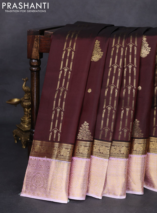 Pure kanchipuram silk saree brown and pastel pink with allover zari weaves & buttas and zari woven korvai border