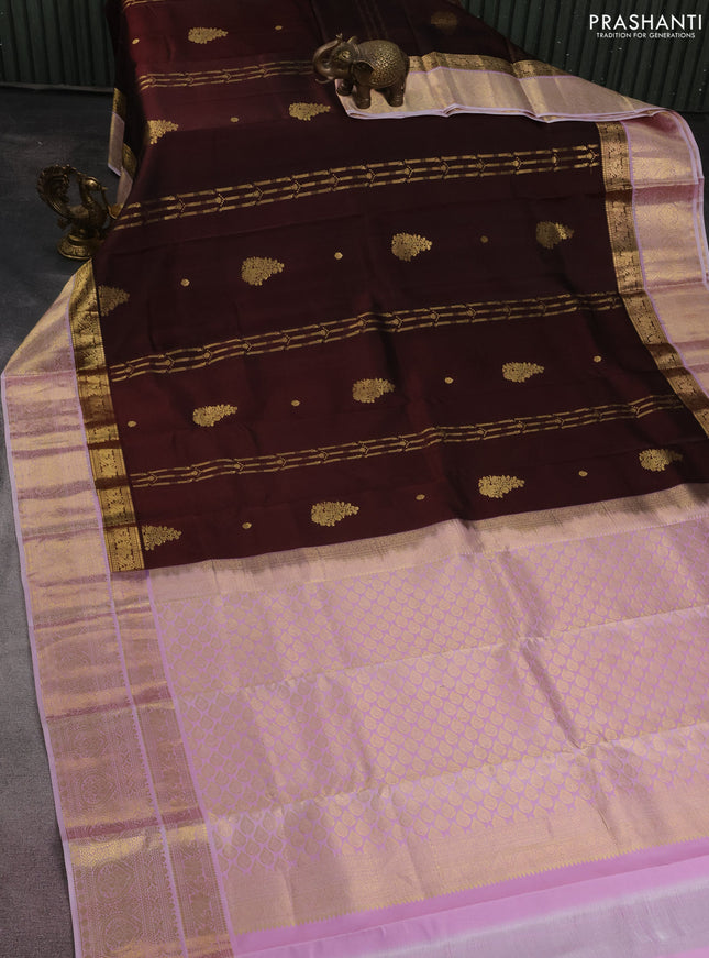 Pure kanchipuram silk saree brown and pastel pink with allover zari weaves & buttas and zari woven korvai border