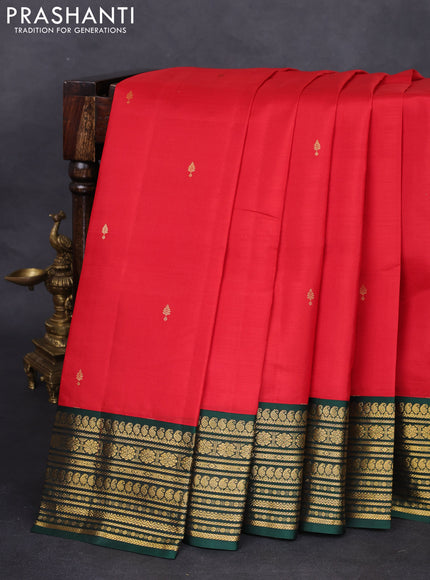 Pure kanchipuram silk saree red and dark green with zari woven buttas and zari woven korvai border