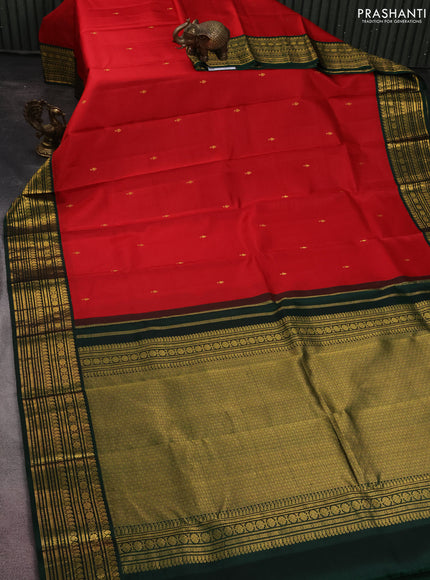 Pure kanchipuram silk saree red and dark green with zari woven buttas and zari woven korvai border