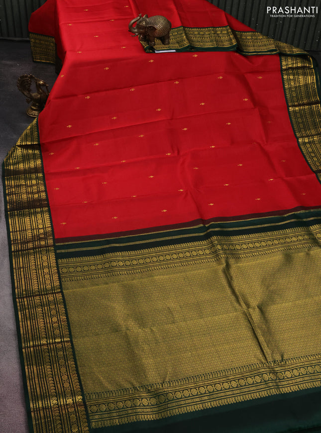Pure kanchipuram silk saree red and dark green with zari woven buttas and zari woven korvai border