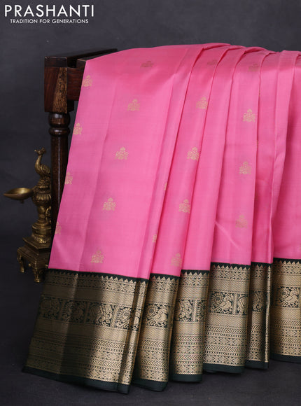 Pure kanchipuram silk saree light pink and dark green with zari woven buttas and zari woven korvai border