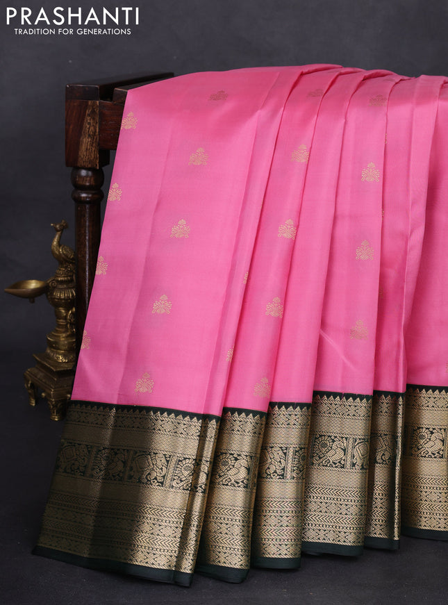 Pure kanchipuram silk saree light pink and dark green with zari woven buttas and zari woven korvai border