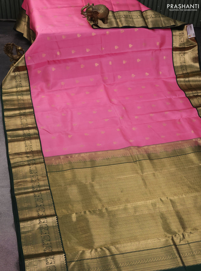 Pure kanchipuram silk saree light pink and dark green with zari woven buttas and zari woven korvai border