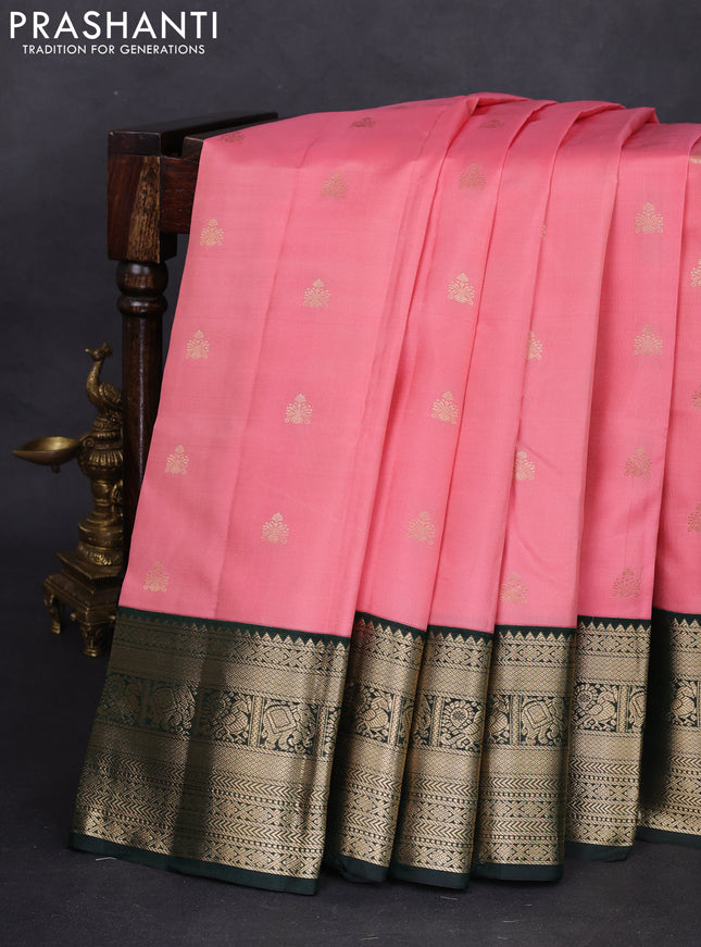 Pure kanchipuram silk saree peach pink and bottle green with zari woven buttas and zari woven korvai border