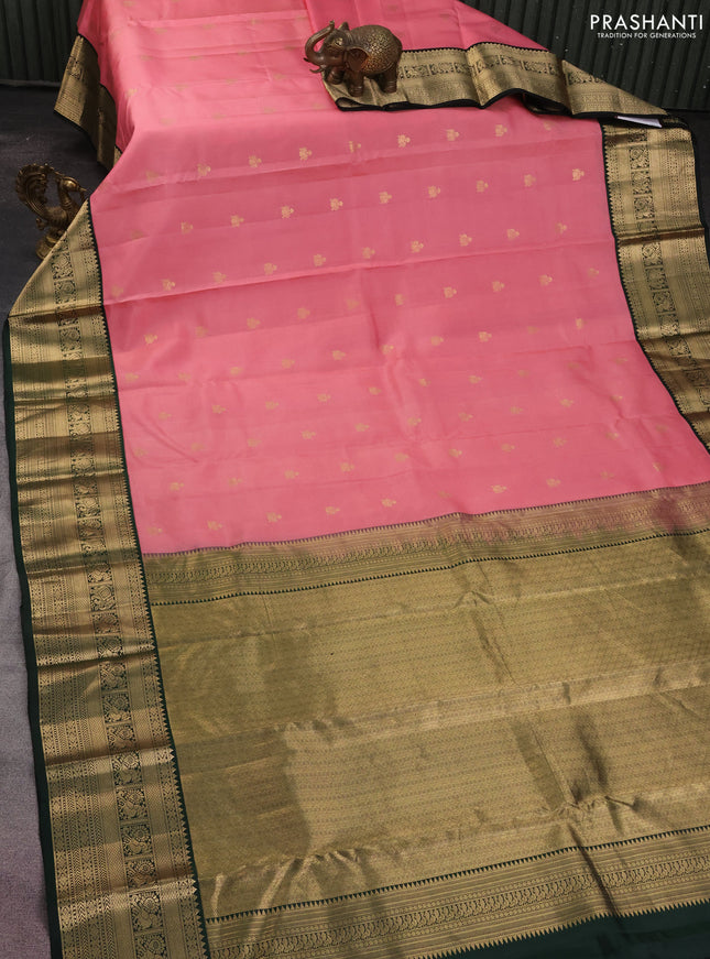 Pure kanchipuram silk saree peach pink and bottle green with zari woven buttas and zari woven korvai border