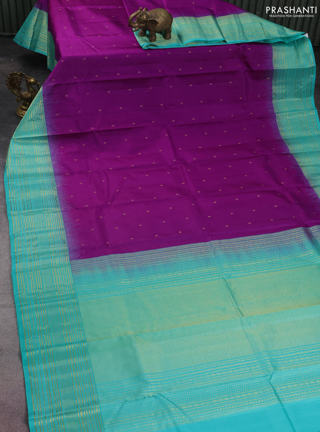 Pure kanchipuram silk saree purple and teal green with zari woven buttas and rich zari border