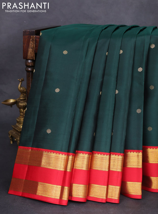 Pure kanchipuram silk saree dark green and red with zari woven buttas and rettapet zari woven korvai border