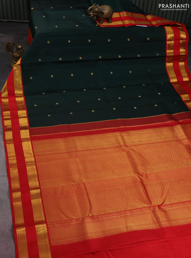 Pure kanchipuram silk saree dark green and red with zari woven buttas and rettapet zari woven korvai border