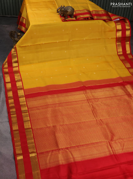 Pure kanchipuram silk saree yellow and red with zari woven buttas and rettapet zari woven korvai border