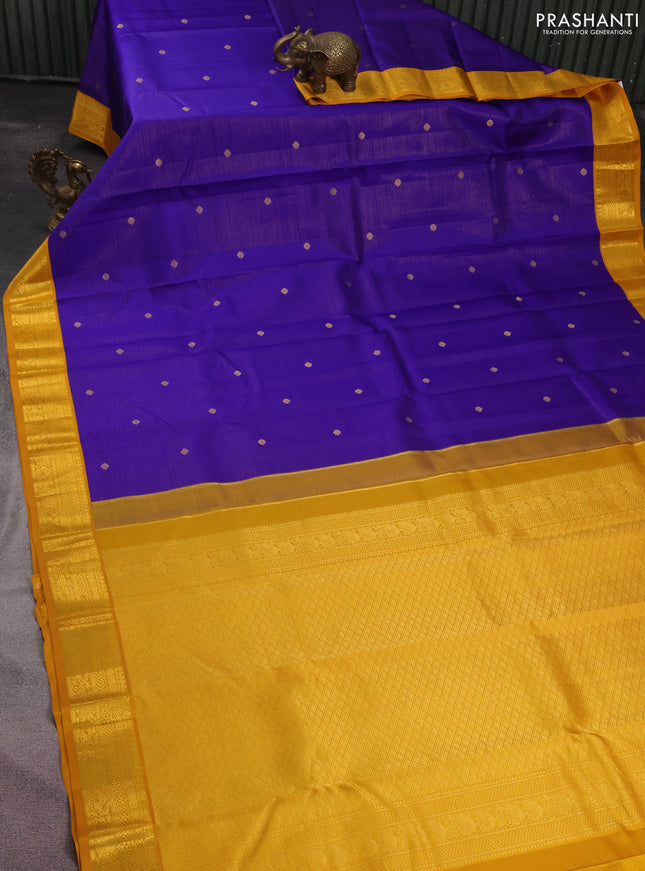 Pure kanchipuram silk saree blue and mustard yellow with allover zari weaves & buttas and zari woven korvai border