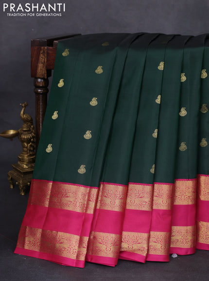 Pure kanchipuram silk saree bottle green and pink with zari woven buttas and rettapet zari woven korvai border