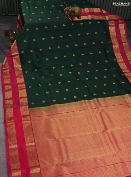 Pure kanchipuram silk saree bottle green and pink with zari woven buttas and rettapet zari woven korvai border