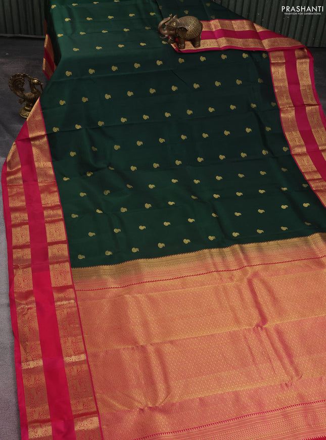 Pure kanchipuram silk saree bottle green and pink with zari woven buttas and rettapet zari woven korvai border