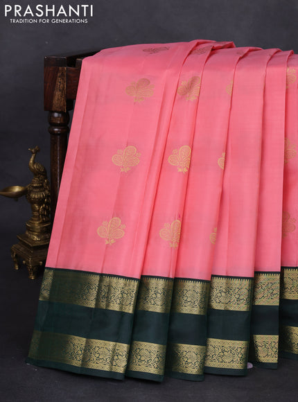 Pure kanchipuram silk saree peach pink and bottle green with zari woven buttas and rettapet zari woven korvai border