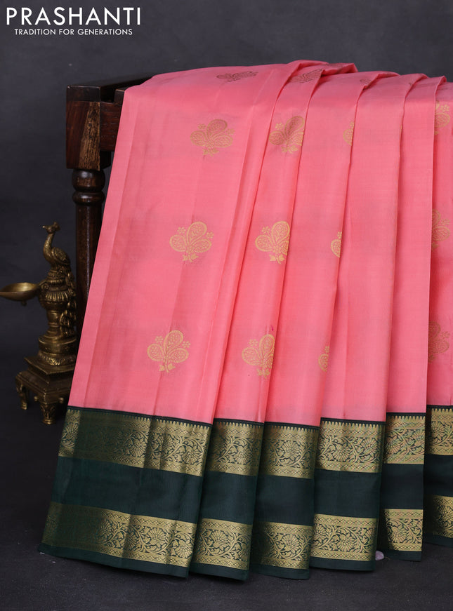Pure kanchipuram silk saree peach pink and bottle green with zari woven buttas and rettapet zari woven korvai border