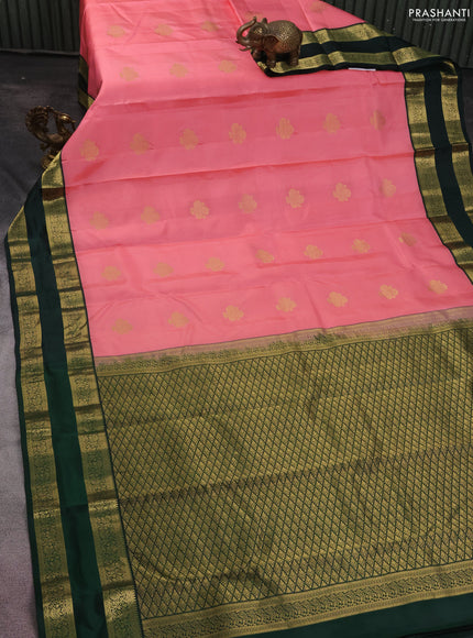 Pure kanchipuram silk saree peach pink and bottle green with zari woven buttas and rettapet zari woven korvai border