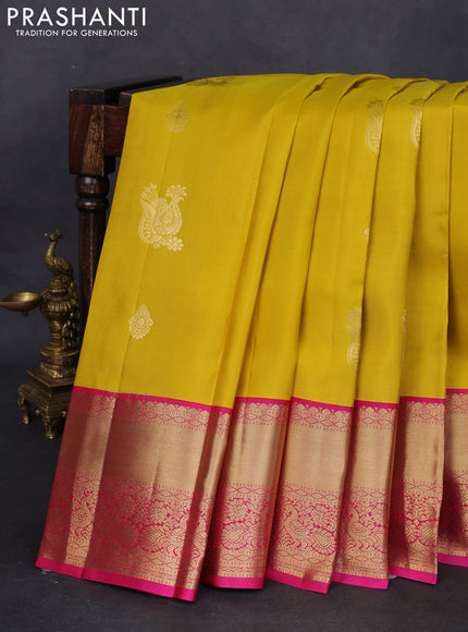 Pure kanchipuram silk saree yellow and pink with zari woven buttas and zari woven korvai border