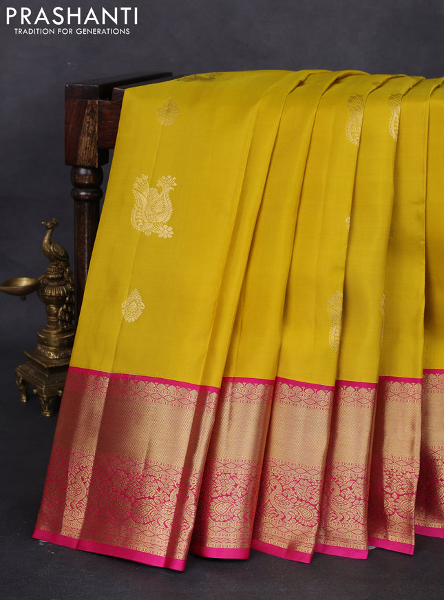 Pure kanchipuram silk saree yellow and pink with zari woven buttas and zari woven korvai border