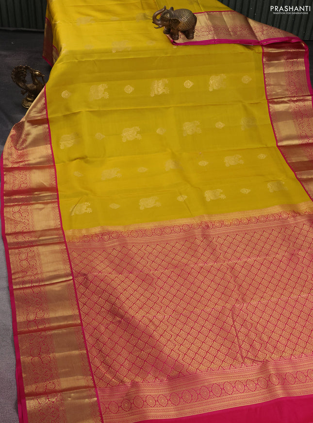 Pure kanchipuram silk saree yellow and pink with zari woven buttas and zari woven korvai border