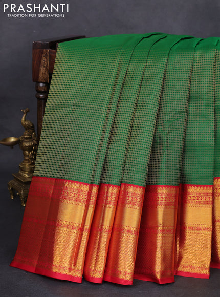 Pure kanchipuram silk saree green and red with allover zari checks and zari woven korvai border