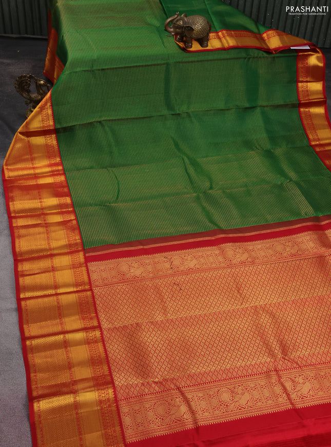 Pure kanchipuram silk saree green and red with allover zari checks and zari woven korvai border