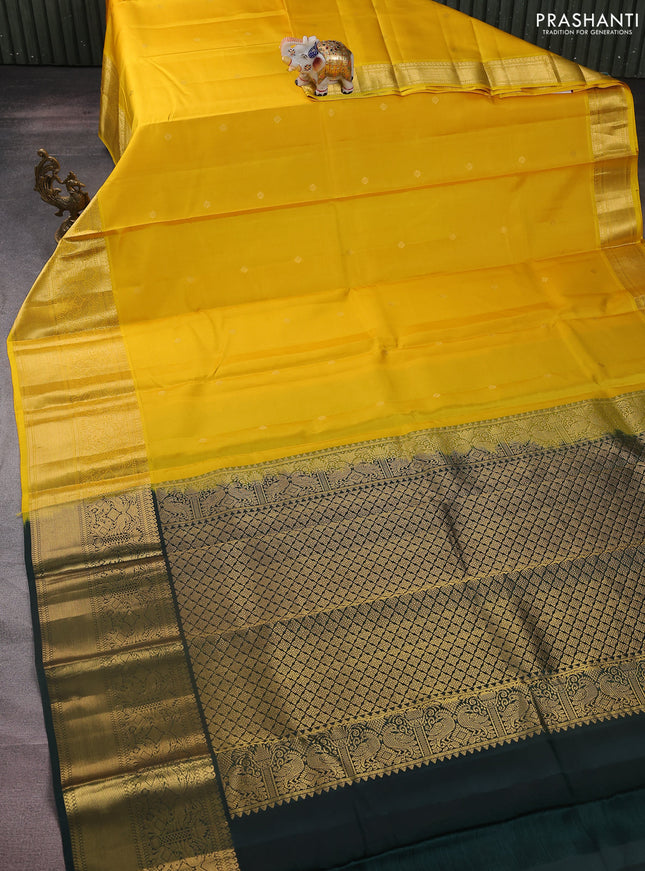 Pure kanchipuram silk saree yellow and green with zari woven buttas and long zari woven border