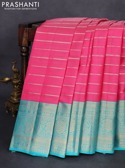 Pure kanchipuram silk saree pink and teal green with allover zari woven stripes pattern and zari woven border