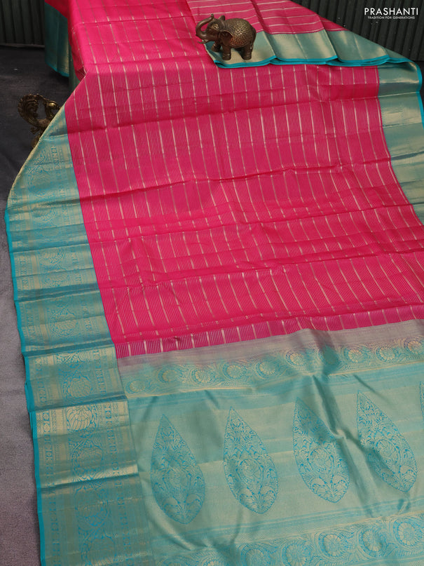 Pure kanchipuram silk saree pink and teal green with allover zari woven stripes pattern and zari woven border
