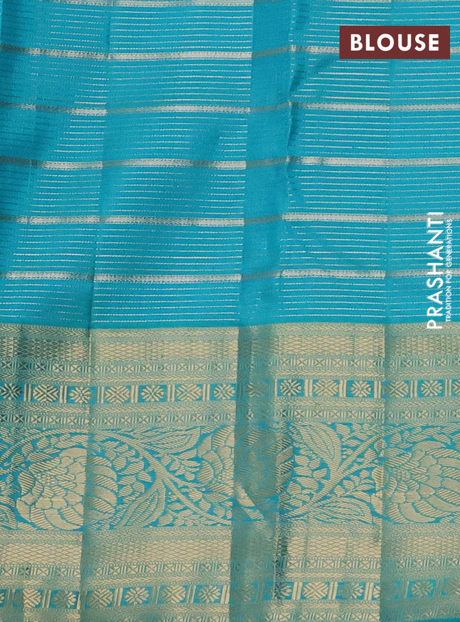 Pure kanchipuram silk saree pink and teal green with allover zari woven stripes pattern and zari woven border