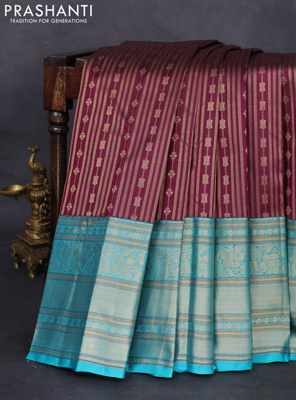 Pure kanchipuram silk saree maroon and teal blue with allover zari woven stripes pattern and zari woven border