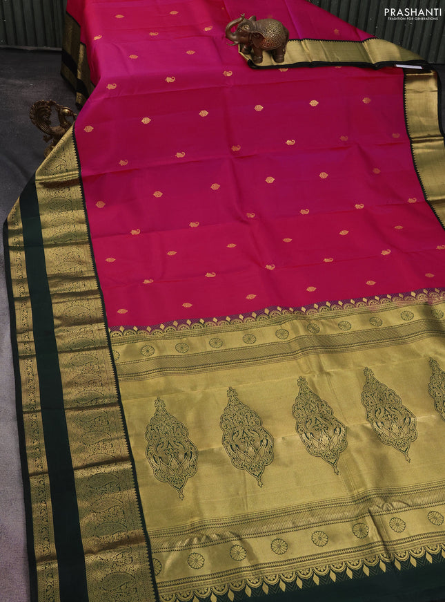 Pure kanchipuram silk saree pink and bottle green with zari woven buttas and zari woven korvai border