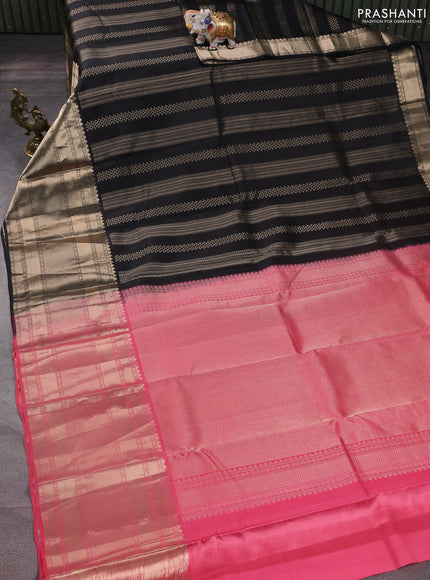 Pure kanchipuram silk saree black and peach pink with allover zari weaves & buttas and long zari woven border