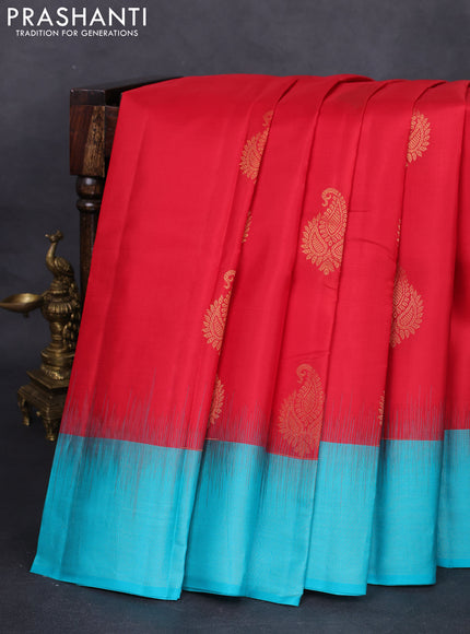 Pure kanchipuram silk saree violet and teal blue with zari woven buttas and simple zari border