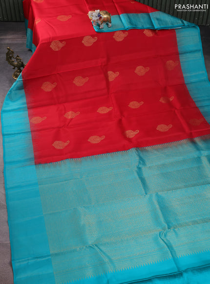 Pure kanchipuram silk saree violet and teal blue with zari woven buttas and simple zari border