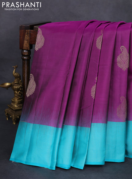 Pure kanchipuram silk saree purple and teal blue with zari woven buttas and simple zari border