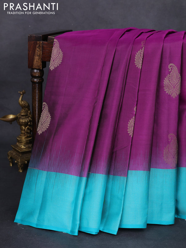 Pure kanchipuram silk saree purple and teal blue with zari woven buttas and simple zari border